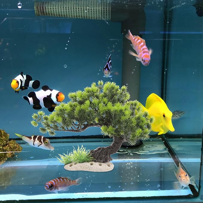 Housoutil Aquarium Artificial Plastic Plants Decoration - Bonsai Tree Plant Fish Tank Decorations Artificial Aquarium Plants Tree - Fish Tank Hides Complete Tree