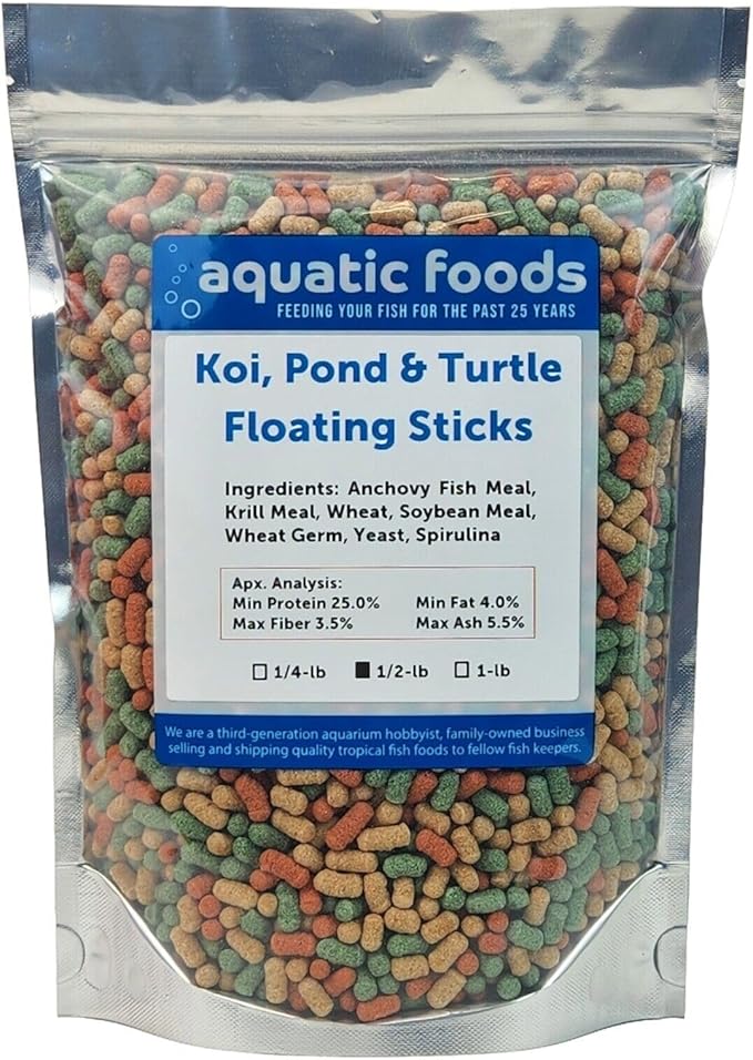 Koi, Pond & Turtle 7/16" x 5/32" 25% Protein Floating Sticks. Spirulina, Color Enhancing & Wheat Germ Sticks for Koi, All Pond Fish, Aquatic Turtles...WL…1/2-lb Foil Pouch Bag