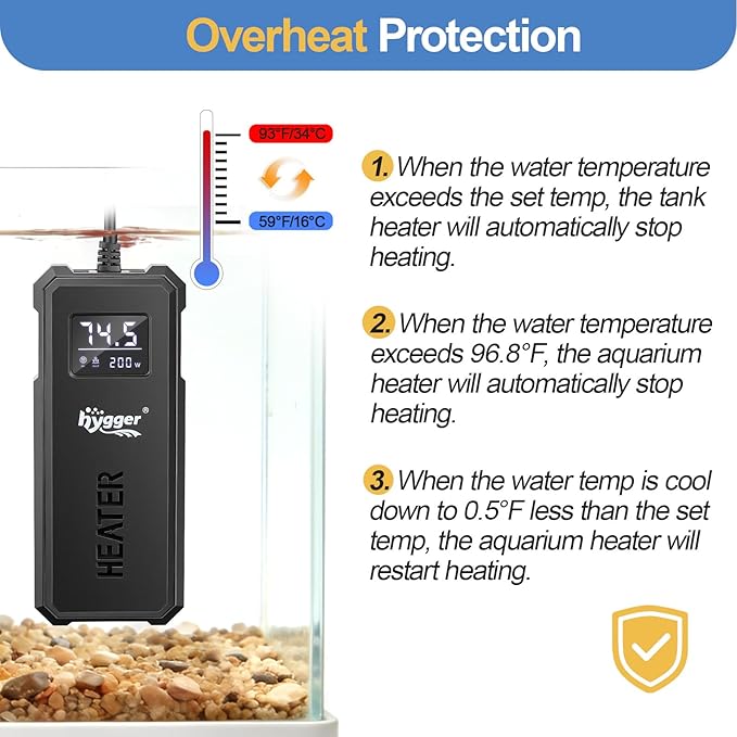 hygger Aquarium Heater, 50W/100W/150W/200W Adjustable Power Fish Tank Heater with Auto Power-Off and High-Temp Protection, Upgraded Titanium Turtle Tank Heater for Saltwater and Freshwater