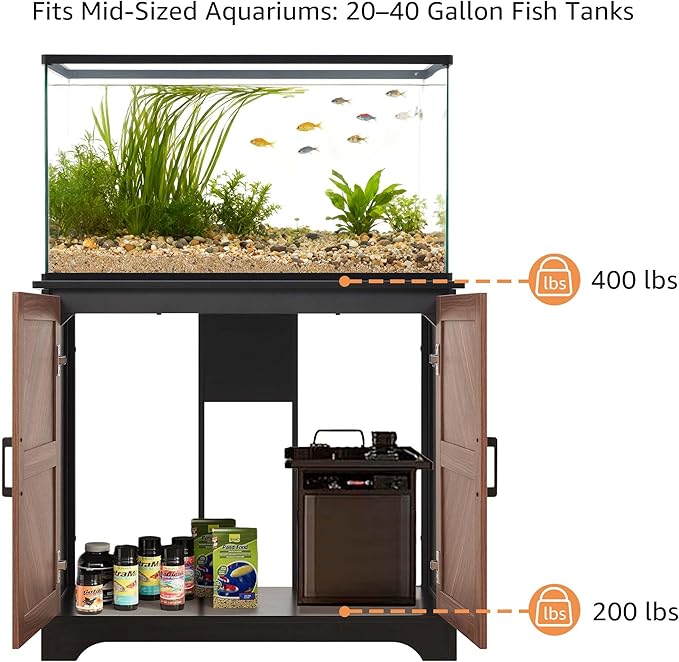 unipaws 20-40 gallon Fish Tank Stand , Aquarium Stand with Storage Cabinet, Wooden Tank Stand for Turtle Tank, Reptile Terrarium, Walnut and Black