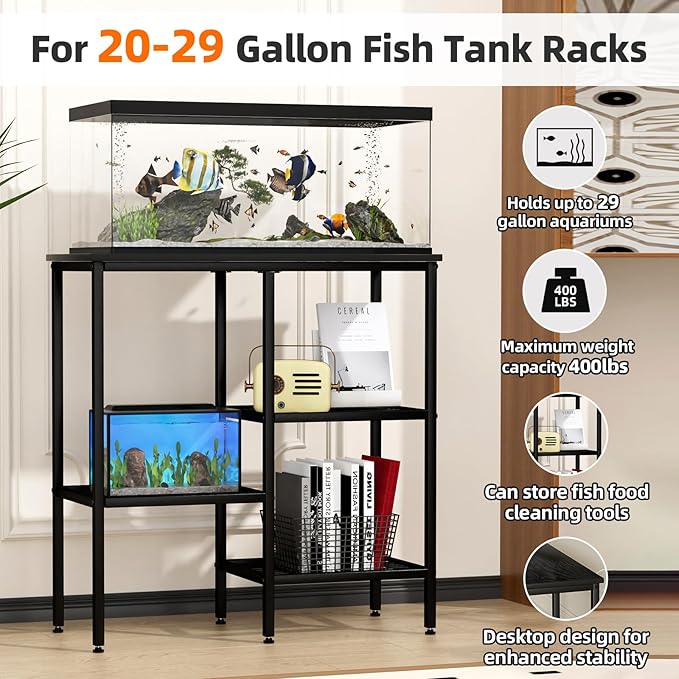 20 Gallon Fish Tank Stand Aquarium Fish Tank Stand, 3 Tier Metal Rack for Living Room/Office/Aquarium 29.1 x 12.3 x 30.1 Inches 330 LBS (Black)