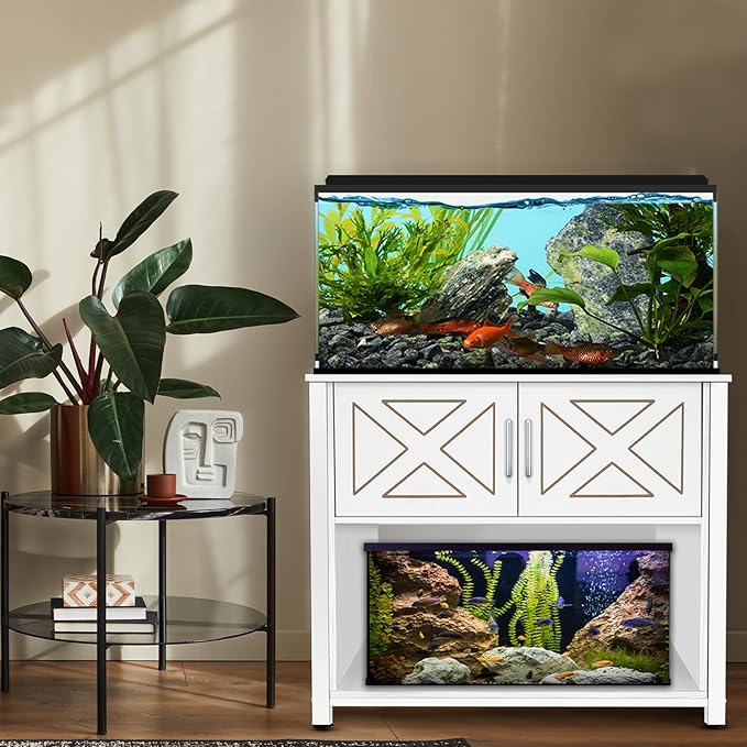 BEURUKU 40 Gallon Tank Stand with Cabinet and Power Outlets, Heavy Duty Metal Aquarium Stand for 40-50 Gallon Breeder Tank, Turtle Tank, Double Terrarium Stand, 660LBS Capacity, White