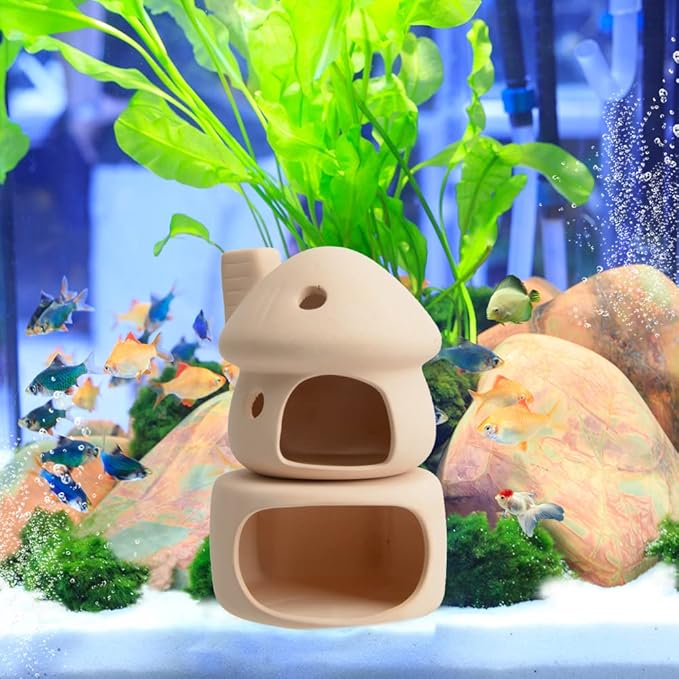 Aquarium Decor Ceramic Mushroom House with Cave Set Ornament Fish Tank Landscape Decoration for Small Shrimp for Goldfishes to Rest (Yellow)