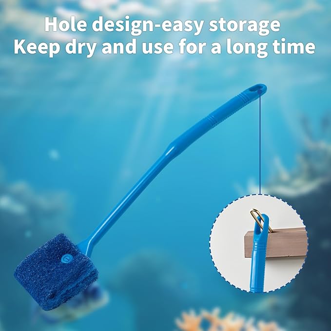SLSON Aquarium Algae Scraper Double Sided Sponge Brush Cleaner Long Handle Fish Tank Scrubber for Glass Aquariums and Home Kitchen,15.4 inches (2)