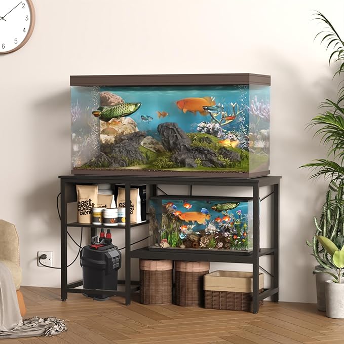 Beuruku 55-75 Gallon Fish Tank Stand with Power Outlet & LED Light, Metal Aquarium Stand with 3 Tier Adjustable Storage Shelves, for Reptile & Turtle Tank, 52" L*19.5" W, Black