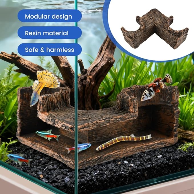 Aquarium Underground Corner Cave with 2 Simulated Resin Coral, Natural-Looking Wood-Like Bet-ta Fish Hideout Fish Tank Decorations, for Avoid Aggressive Behavior