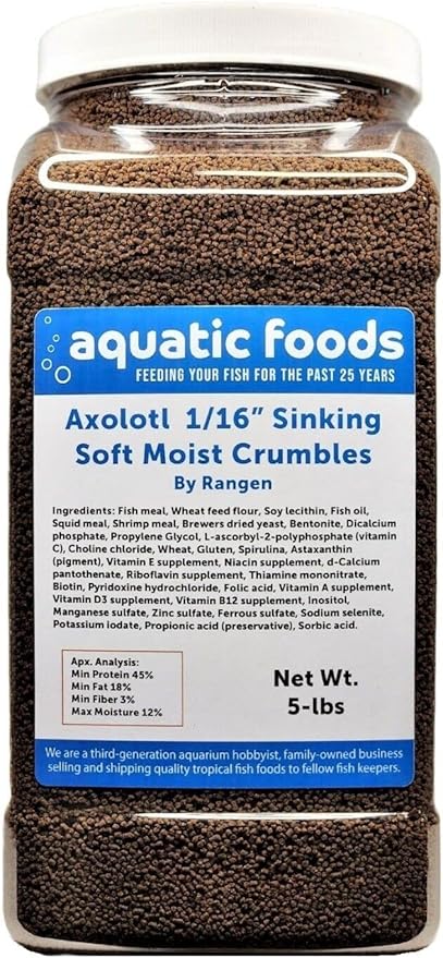 Axolotl Food 1/16" Soft Moist Sinking Salmon Crumbles for Baby Axolotl Also Shrimp, Snails, Crabs, Crayfish, Bottom Tropical Fish..5-lb Lg Jar