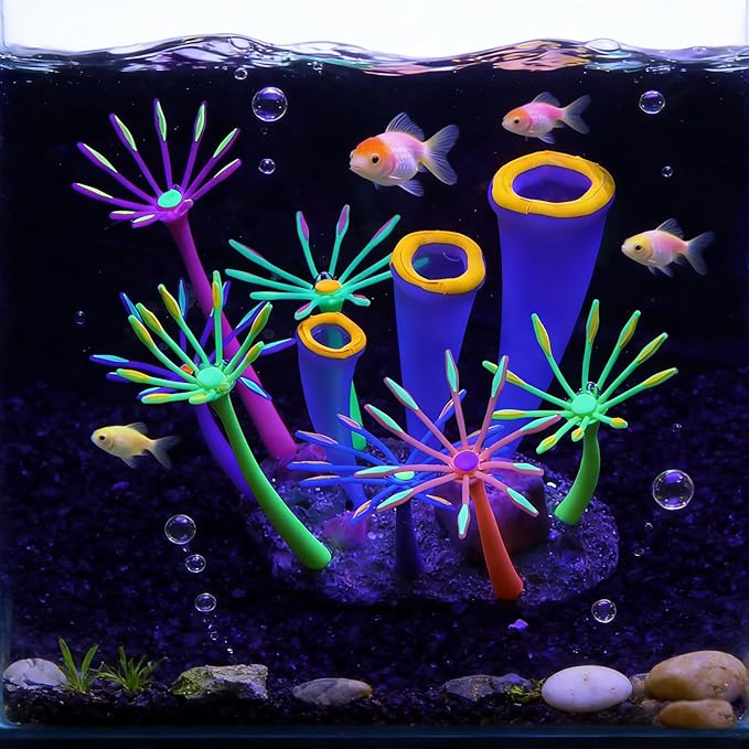 Glowing Effect Aquarium Fish Tank Decorations, Silicone Artificial Soft Anemone Coral Plants Ornaments for Aquarium Decor Landscape, Glow in Dark Fish Tank Accessories Decorations(Orange)