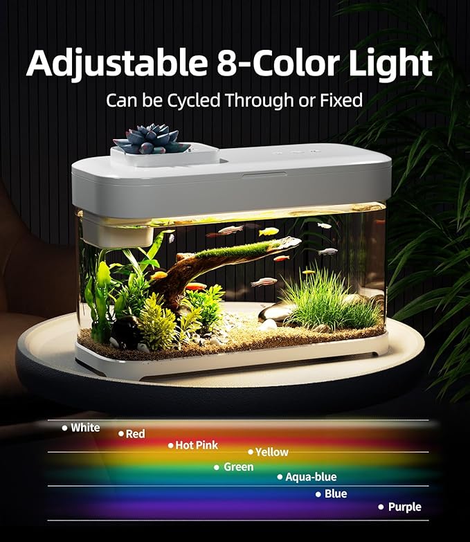 Smart Fish Tank 3 Gallon Aquarium Kit with Heater, Temperature Monitor, 3 Stage Filtration, 8 Color Lighting, Self Cleaning Small Betta Tank Acrylic