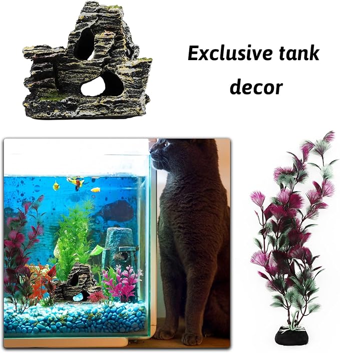 Aquarium Decorations Plants with Rockery View, 25pcs Aquarium Decor Plants and Rock Cave Hideout Ornaments, Fish Tank Accessories, Fish Tank Plants Plastic Decoration for Aquariums