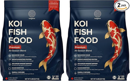 2 Pack Koi Fish Food (5lb) - Growth & Color Formula, High Protein Floating Pellets with Spirulina, Krill & Probiotics, Easy to Digest, Cleaner Water, All Season - for Koi, Goldfish & Pond Fish