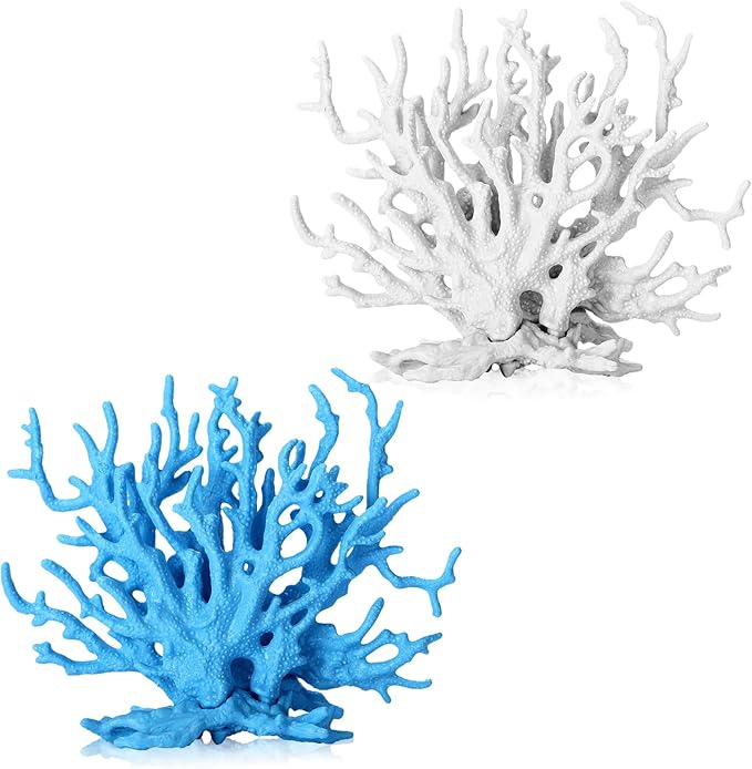 2 Pack Artificial Coral Reef Decor for Aquarium Blue and White Fish Tank Decorations for Landscaping Cute Plastic Ornaments for Terrarium