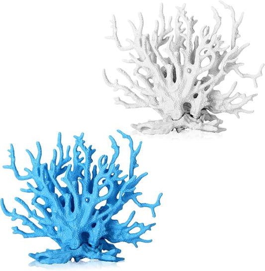 2 Pack Artificial Coral Reef Decor for Aquarium Blue and White Fish Tank Decorations for Landscaping Cute Plastic Ornaments for Terrarium