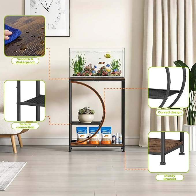 10 Gallon Fish Tank Stand, Aquarium Stand with Smooth Wood Board and Matte Black Iron Frame, Heavy Duty Sturdy Design for Home Office Use, Black (Tank not Included)