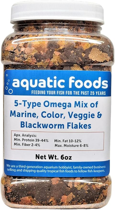 5-Type Custom Omega Flake Mix of Cichlid, Marine, Color Enhancing, Veggie & 45% Blackworm Flakes for All Tropical Fish. Aquatic Foods Flakes …6oz Med Jar