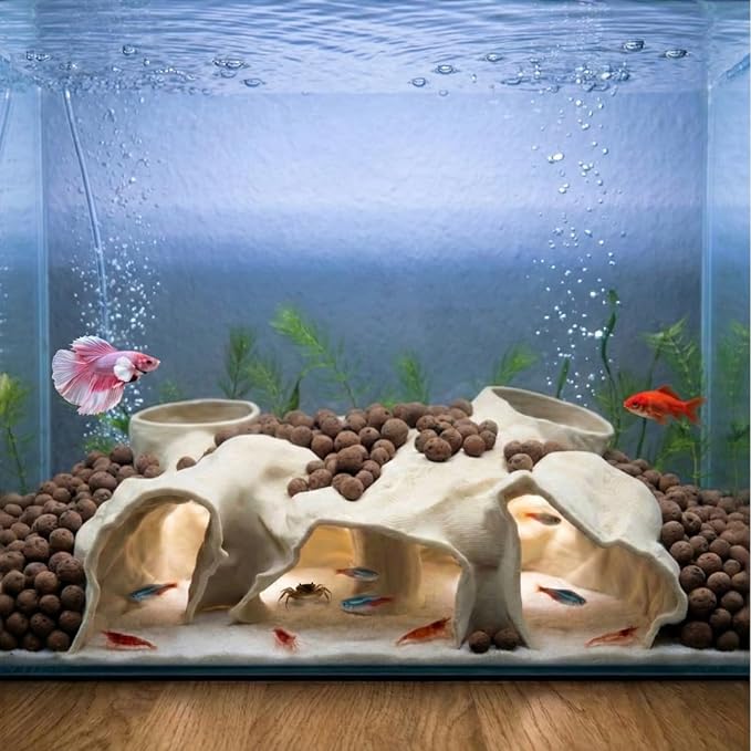 Large Aquarium Tunnel & Cave (9.5" L), 3D Printed Substrate Viewer Fish Hideout with Wide Top Entrances, Tank Decor for Small Fish, Corydoras, Betta & Shrimp- Set with 3 Mini Accessories (Yellow)