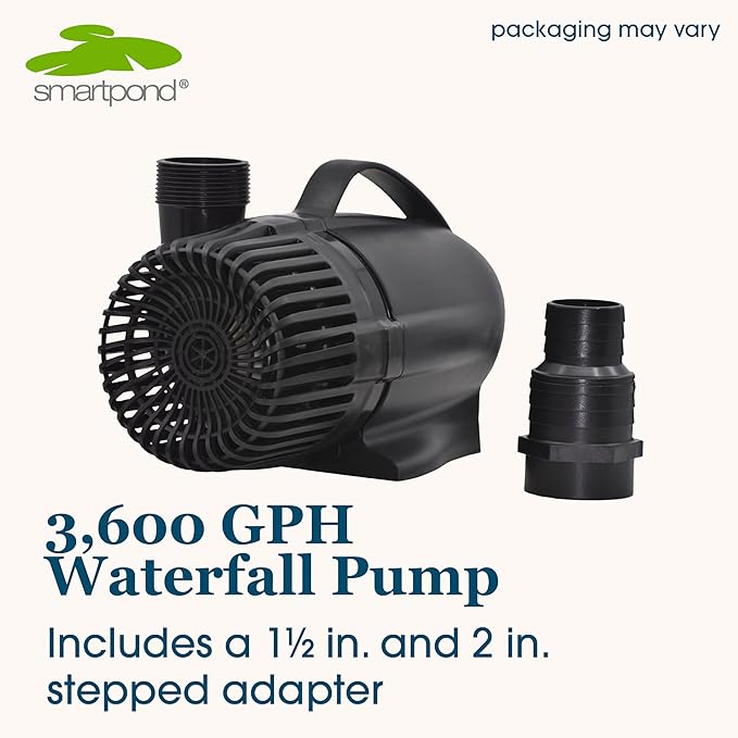 smartpond 3,600 GPH Waterfall Pump, Ideal for 15 ft. Tall Waterfalls, Self-Cooling, Long-Lasting, Energy Efficient, No Tools Needed, Bonus pumpshield™ Included