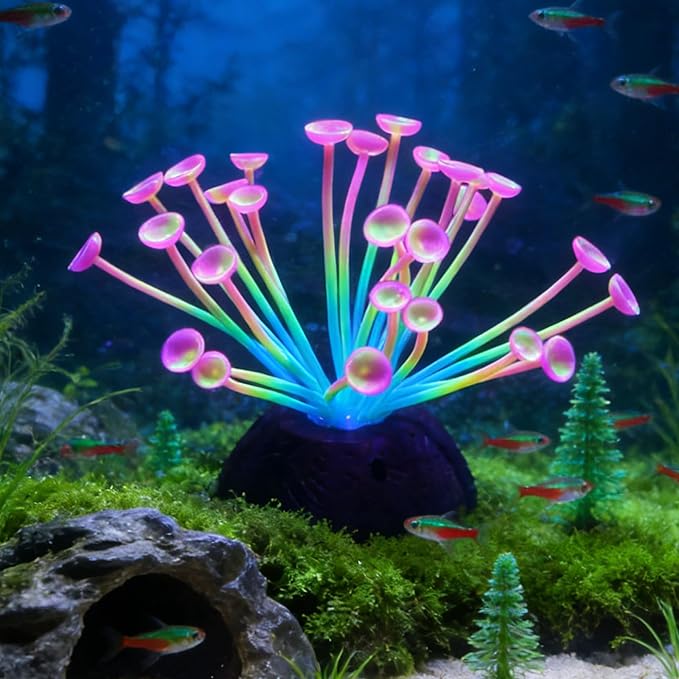 Suction Cup Anemone Aquarium Decor with Silicone Tentacles, Realistic Coral Reef Ornament for Saltwater and Freshwater Fish Tanks, Flexible Habitat for Shrimp, Invertebrates & Aquascaping (Red)