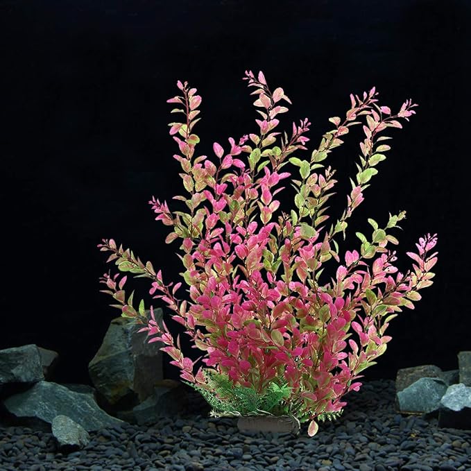 18 Inch Artificial Aquarium Plants, Red Rhodo Plastic Fish Tank Decorations, Safe for Freshwater & Saltwater, Non-Toxic Stone Base Ornament for Betta Fish Tank