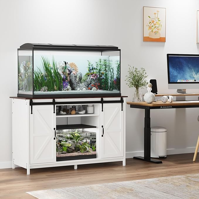 VOWNER Farmhouse 55-75 Gallon Fish Tank Stand with Power Outlet, Aquarium Stand with Storage Cabinet and Sliding Barn Door, Heavy Duty Reptile Tank Stand, for 2 Tanks, 1000LBS Capacity, White + Walnut