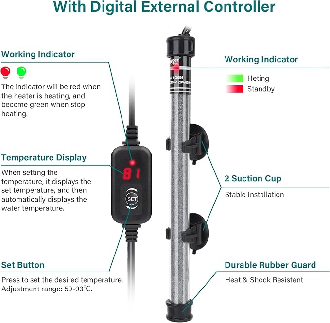 hygger Submersible Aquarium Heater, 100W 150W 200W 300W Adjustable Fish Tahk Heater with Temperature Controller, LED Display, Small Aquarium Betta Heater for up to 20/26/40/48 Gallons