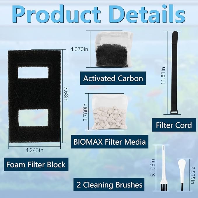 Aquarium Filter Media Set for Fluval SPEC, EVO, Betta and Flex Desktop Aquarium Series, Includes 1 Biomax Filter Media, 1 Carbon Filter Refills, 1 Foam Filter, 1 Filter Cord and 2 Cleaning Brushes