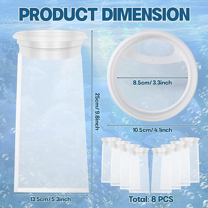 8PCS 4 Inch 200-Mesh Nylon Aquarium Filter Sock, Filter Socks, Reusable Fine Mesh Bag for Saltwater Aquarium and Fish Tank Freshwater, Aquarium Accessories (9.84×5.31 Inch)