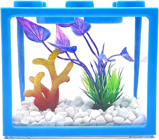 0.25 Gal Blue Stackable Mini Fish Tank Kit | Desktop Aquarium with Gravel & Plastic Plants Resin Decorations | Sea Monkeys Kit for Aquarium Enthusiasts