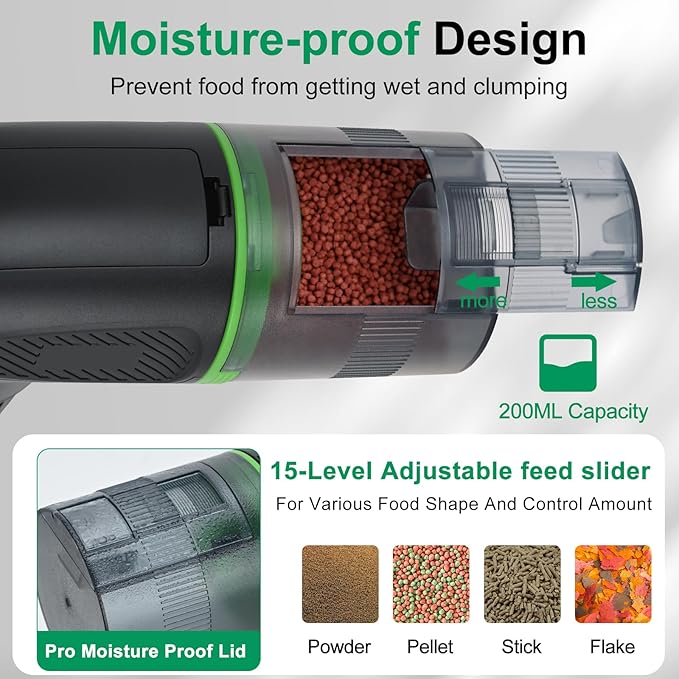 Lychee Automatic Fish Feeder for Aquarium-200ml Timed Dry Fish Food Vacation Feeder with Two Feeding Rings-Moisture-Proof LCD Display for Tank Pond