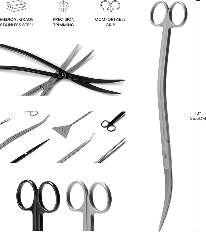 UNS Aquascaping Tools - Stainless Steel, Rust Resistant, Freshwater Planted Tank, Saltwater Reef Aquarium Maintenance Accessory - Trimming Stems & Carpets, Coral Cutting - Wave Scissors, Grey