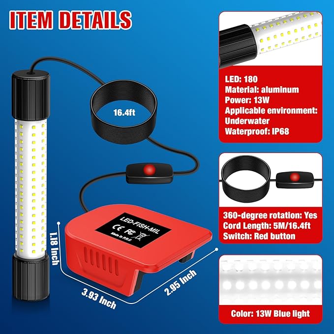 Underwater Fishing Light Compatible with Milwaukee M18 Battery 1300 Lumens IP68 Waterproof Submersible LED Fish Attractant Light for Night Fishing Dock Boat Kayak (Battery Not Included)