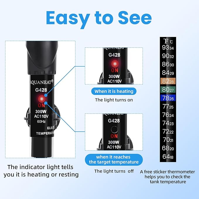 AQUANEAT Aquarium Heater, 300W Fish Tank Heater, Adjustable Submersible Water Thermostat with Thermometer