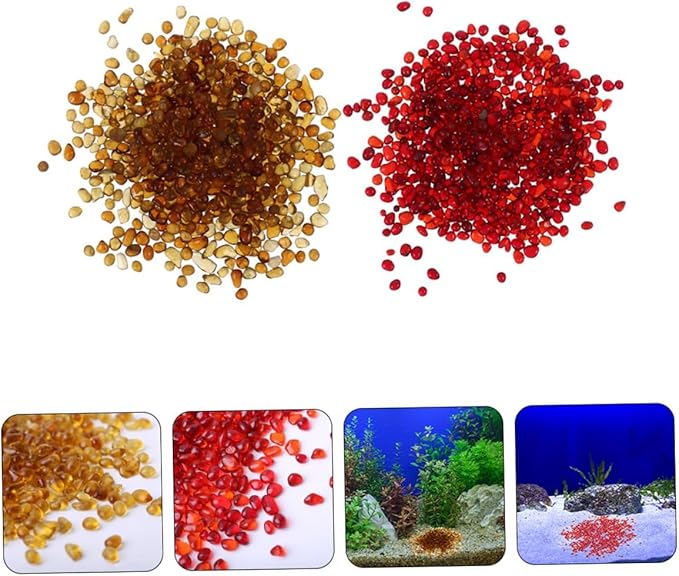 2 Sets Aquarium Gravel Decor with Natural Colored Glass Sand, 250g China Red + 250g Amber Substrate for Fish Tank and Terrarium Landscaping