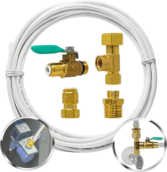 Ice Maker Fridge Quick Installation Kit with 25' Feet Tubing for Drinking Water Appliance Water Line, Solid Brass Stop Tee and Valve, 1/4" Fittings