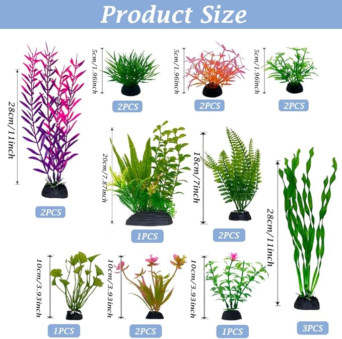 Aquarium Plants,Artificial Fish Tank Decorations Decor Plastic Plants Set 18 Pcs Landscaping Decorations Fish Tank Accessories,Small to Large,Tc1804