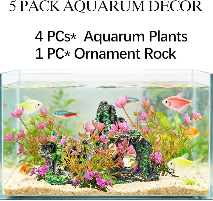 4 PCs Artificial Aquarium Plants with Rock Cave Ornament Set, Small Aquarium Decor Set, Plastic Aquatic Plants for Betta Fish, Fish Tank Decorations Accessories for Freshwater Aquarium
