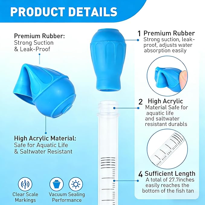 27.7IN Extra Long Blue Turkey Baster for Aquarium, 50ml Fish Tank Cleaning Siphon Aquarium Water Changer, Aquarium Waste Remover