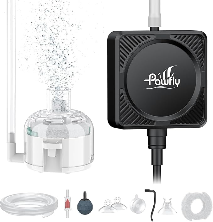 Pawfly Mini Aquarium Air Pump, Ultra Quiet 1.3W Oxygen Aerator for Nano Fish Tanks 1-15 Gallons, Compact Bubbler with Sponge Filter, Airline Tubing and Air Stone