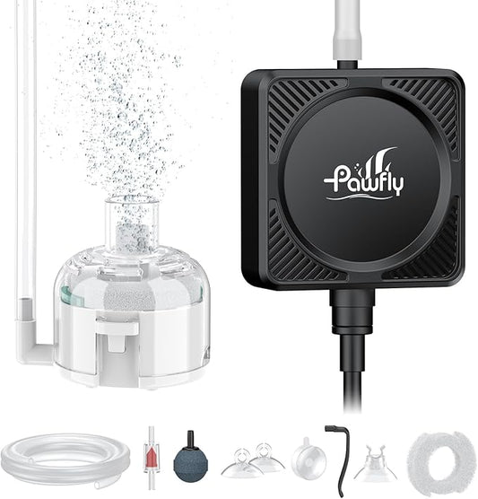 Pawfly Mini Aquarium Air Pump, Ultra Quiet 1.3W Oxygen Aerator for Nano Fish Tanks 1-15 Gallons, Compact Bubbler with Sponge Filter, Airline Tubing and Air Stone