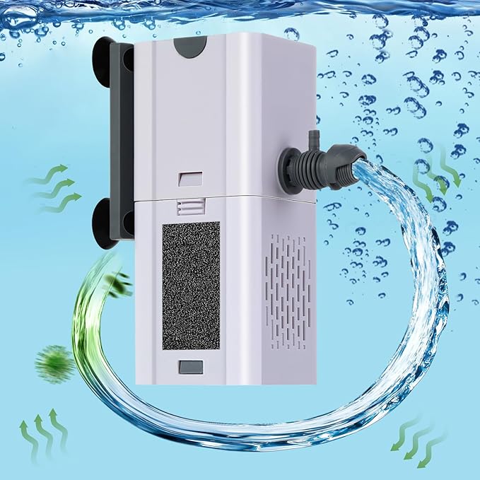 132 GPH 4-in-1 Aquarium Filter, 10-40 Gallon Fish Tank Filters Filtration and Oxygenation, Filter for Fish Tank with Biochemical Cotton, Multi-Functional Turtle Tank Filter(7 W)