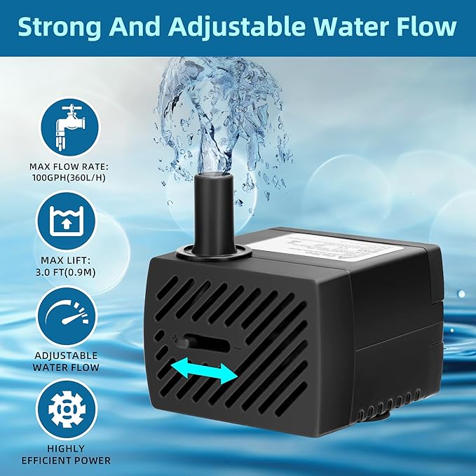 DaToo Mini Submersible Fountain Water Pump With LED Light 95GPH 5W Small Ultra Quiet Water Pump With Tubing For Aquarium Fish Tank Outdoor Pond Water Feature Fountain Statuary