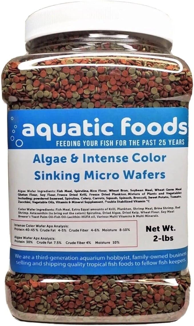 3.5mm - 1/8" Micro Wafer Mix of Spirulina Algae & Intense Color Enhancing Sinking Micro Wafers for Catfish, Plecos, Bottom Fish, Shrimp, Crabs, All Tropical Fish..2-lb Med Jar