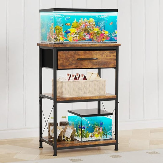 5-10 Gallon Fish Tank Stand, Height Adjustable Metal Aquarium Stand with Storage Drawers for Fish Tank Accessories Storage, Perfect for Turtle Tank, Reptile Terrarium, Brown