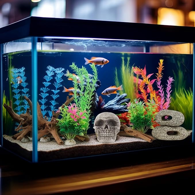 Jexine 18 Pcs Fish Tank Decorations Aquarium Decor Reptile Tank Accessories Set Include 10 Artificial Plastic Plants 3 Natural Driftwood 3 Rock Cave Decoration 2 Aquarium Skull