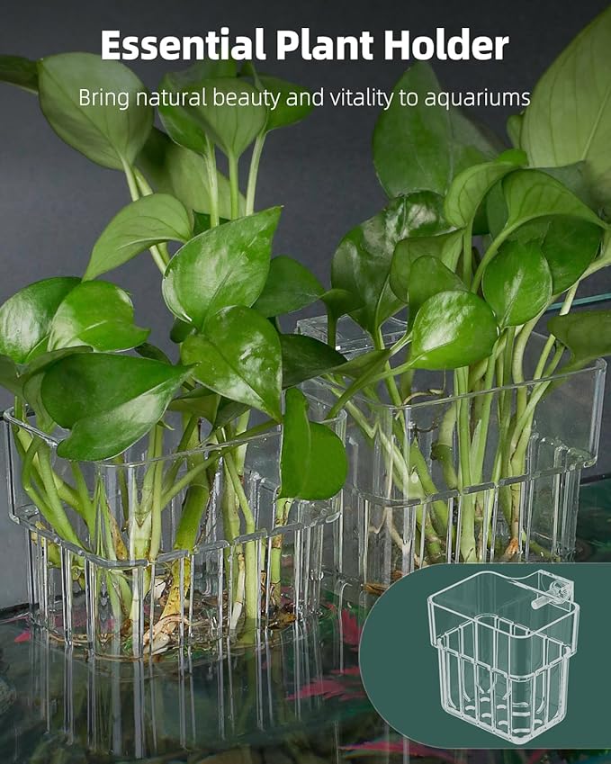 Pawfly 2 Pcs Clear Acrylic Aquarium Plant Holder for Fish Tanks, Top Hanging Fish Tank Planting Holder with Hook, Adjustable Aquarium Planter Cup