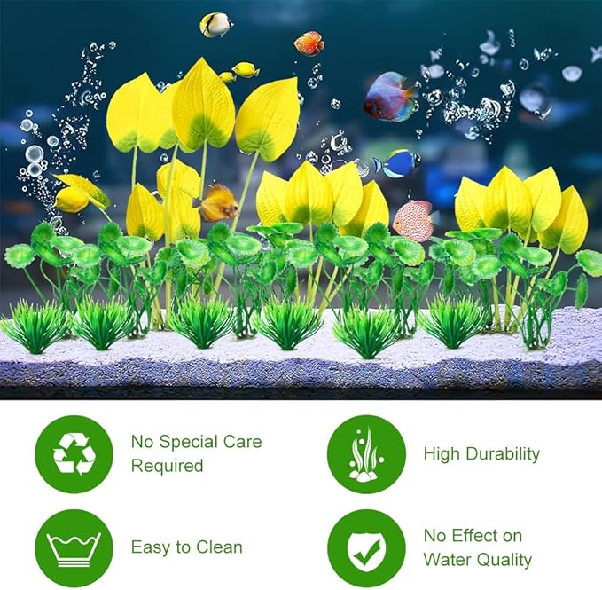 Artificial Aquarium Plants, 15-Piece Plastic Decorative Set, Lifelike Underwater Garden (Yellow)