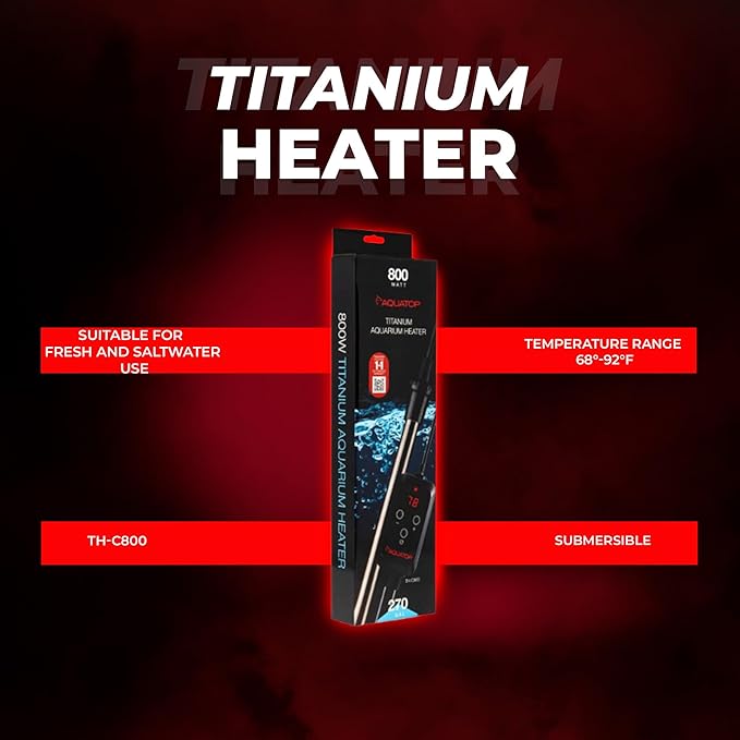 Aquatop 800W Titanium Heater with Controller – Submersible for Tanks Up to 270 Gallons, Adjustable 68-92°F, Durable for Large Fish & Turtles, TH-C800