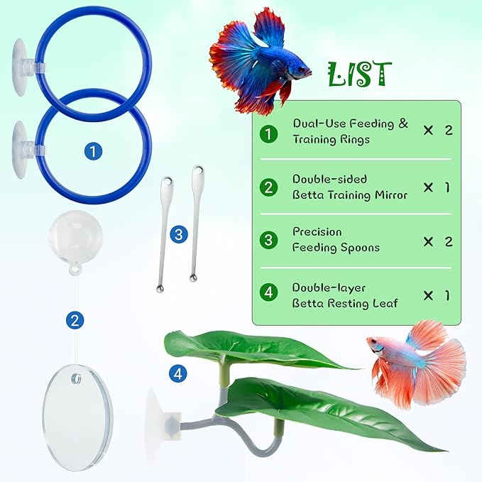 Betta Fish Toy Set,Betta Training Floating Mirror, Training/Feeding Ring, Spoon, and Resting Leaf. Promotes Exercise. Betta Toys, Resting & Feeding Kit