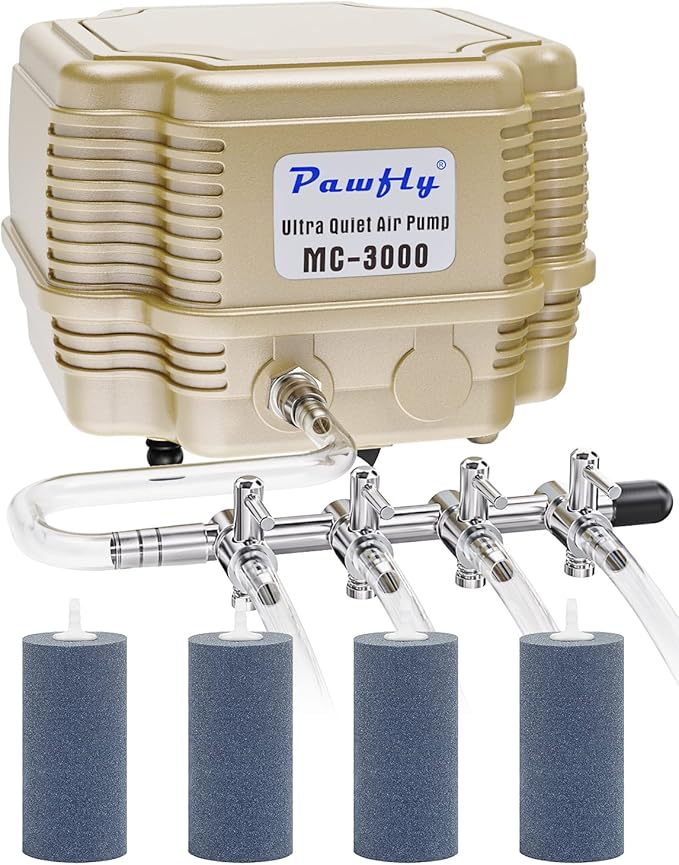 Pawfly Aquarium Air Pump Adjustable Quiet Fish Tank Air Pump with Air Stones 4 Outlets Manifold and Airline Tubing Accessories for Up to 300 Gallon Tank Aquarium Pond
