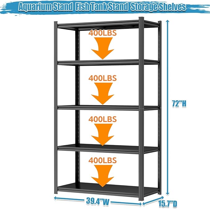 Aquarium Stand Fish Tank Stand 2000LBS Adjustable Metal Shelving Storage Shelves Heavy Duty Display Shelves Utility Shelf for Turtle Tank, Reptile Terrarium, 72"H × 39.4"W × 15.7"D, Black